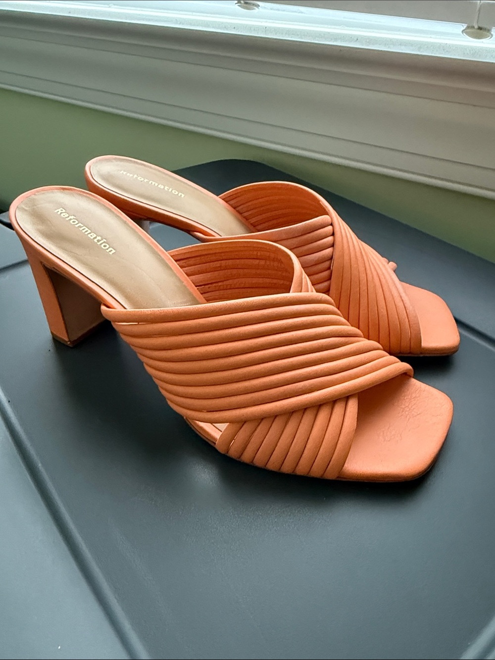Reformation Coral-Orange Quilted Crossband Mule Heels